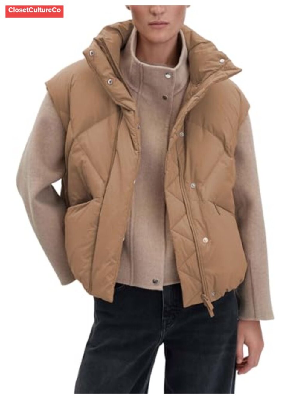 Quilted Puffer Vest Stand Collar Sleeveless Cropped Zip Up Winter Gilet